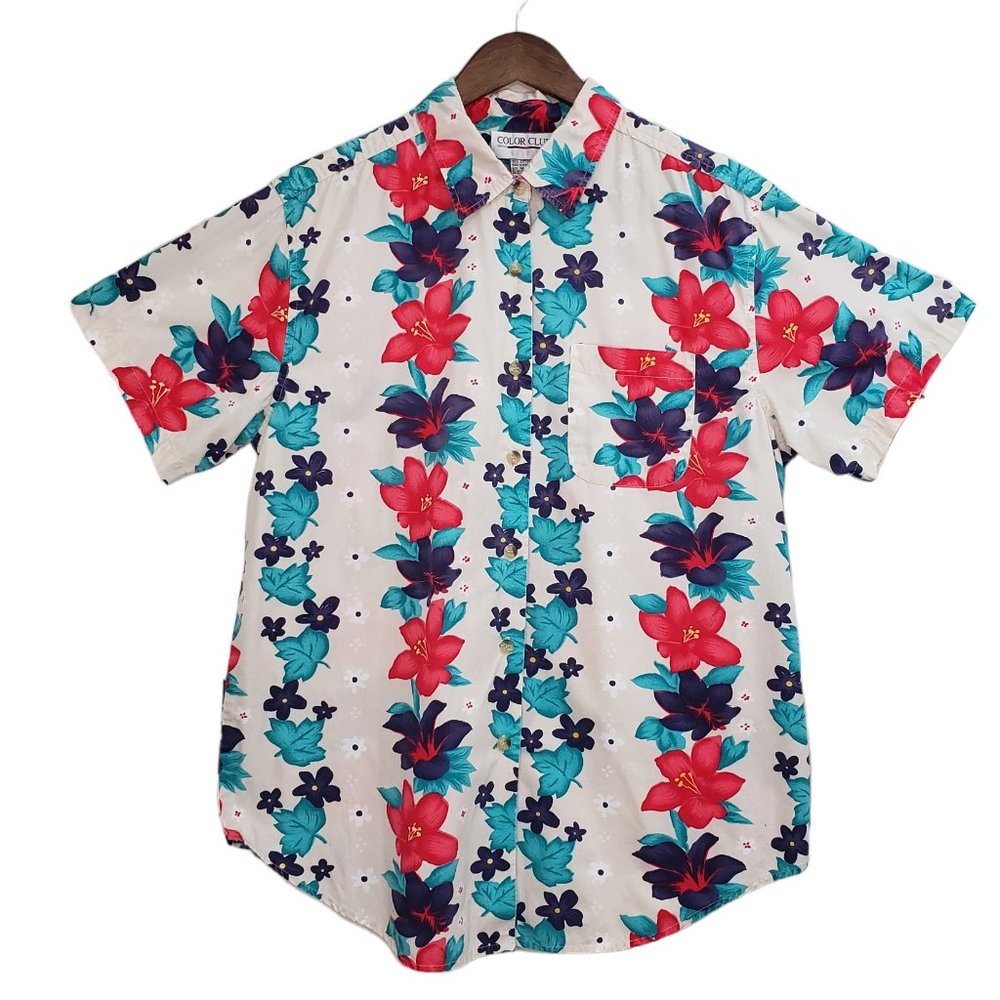 VTG Hawaiian Short Sleeve Cotton Shirt Bright Tropical Floral Print SZ 14/16